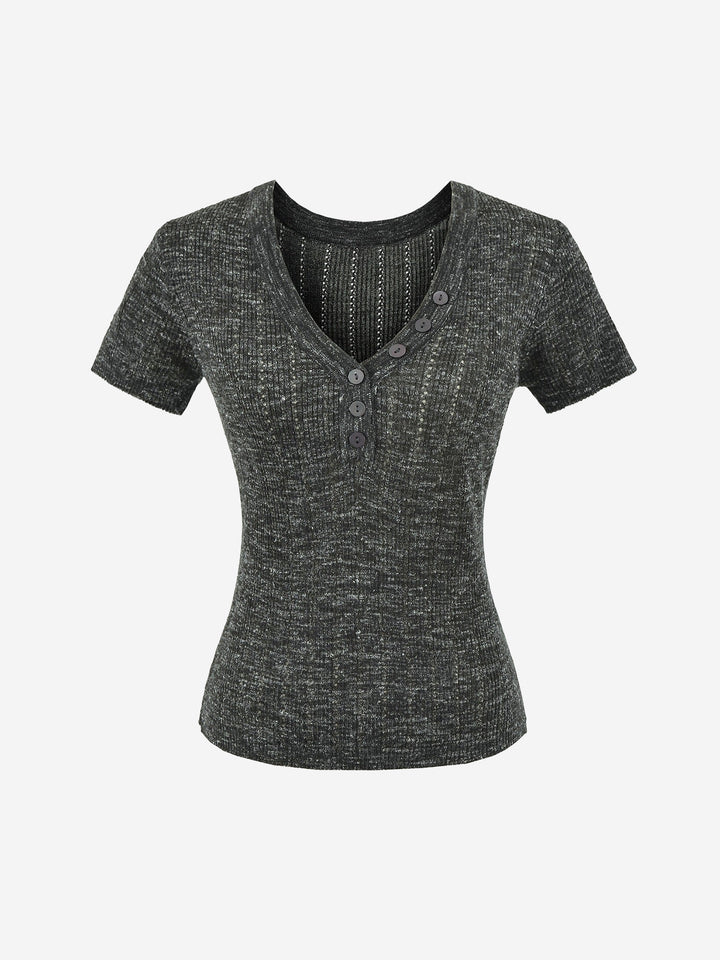 Damen Henley V-Ausschnitt Kurzarm-Strickoberteil