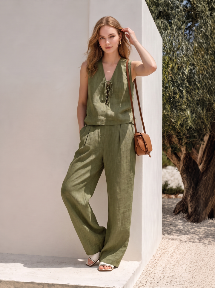 Mühelose Sommerbrise: Das Leinen-Look Hose-mit-Bindegürtel Set