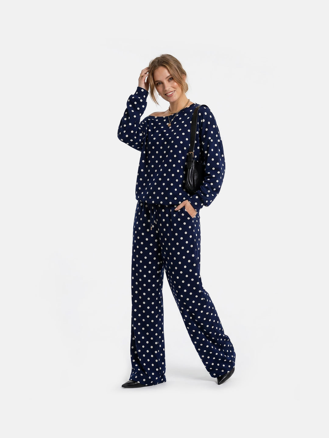 Retro Polka Dot Off-Shoulder Lounge Set — Long Sleeve Asymmetric Top &amp; Wide-Leg Drawstring Pants
