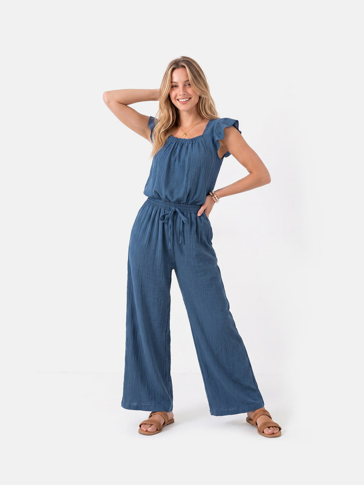Square Neck Ruffle Jumpsuit Sleeveless Romper with Pockets