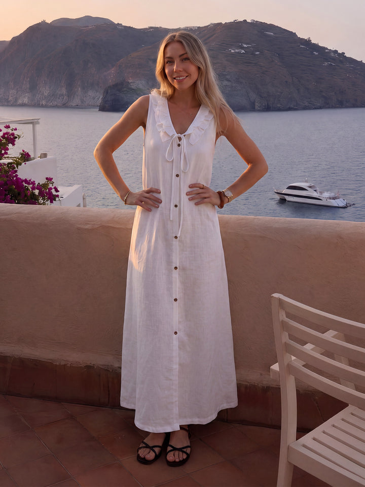 Ruffle-Trim V-Neck Sleeveless Straight Dress