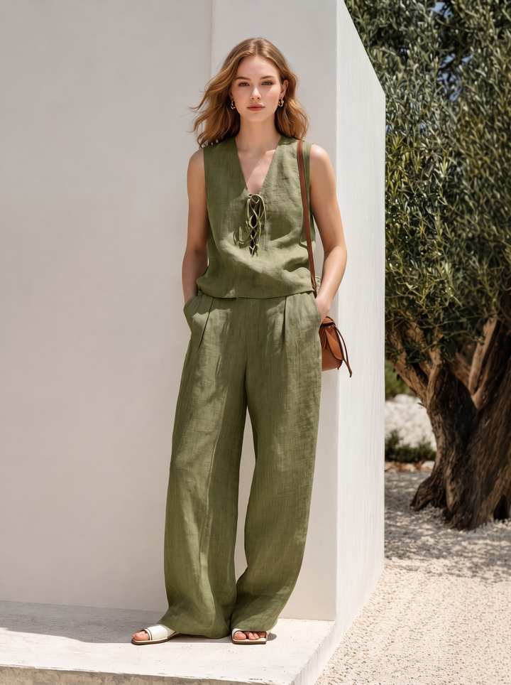 Mühelose Sommerbrise: Das Leinen-Look Hose-mit-Bindegürtel Set