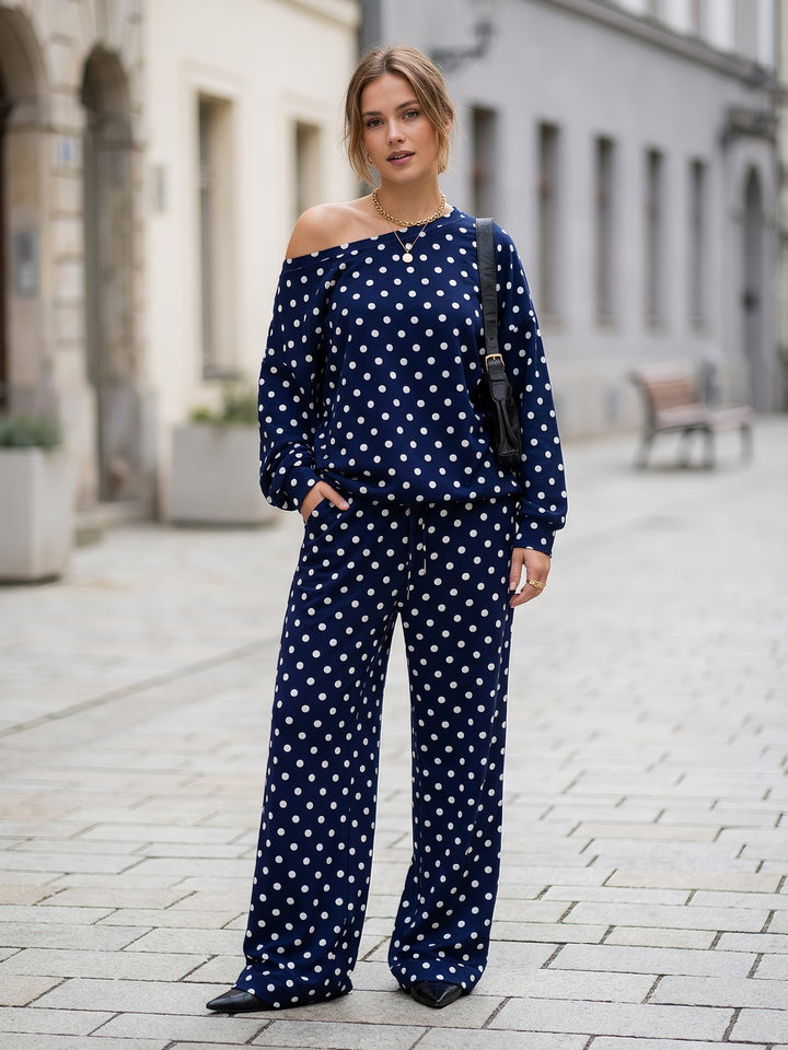 Retro Polka Dot Off-Shoulder Lounge Set — Long Sleeve Asymmetric Top &amp; Wide-Leg Drawstring Pants