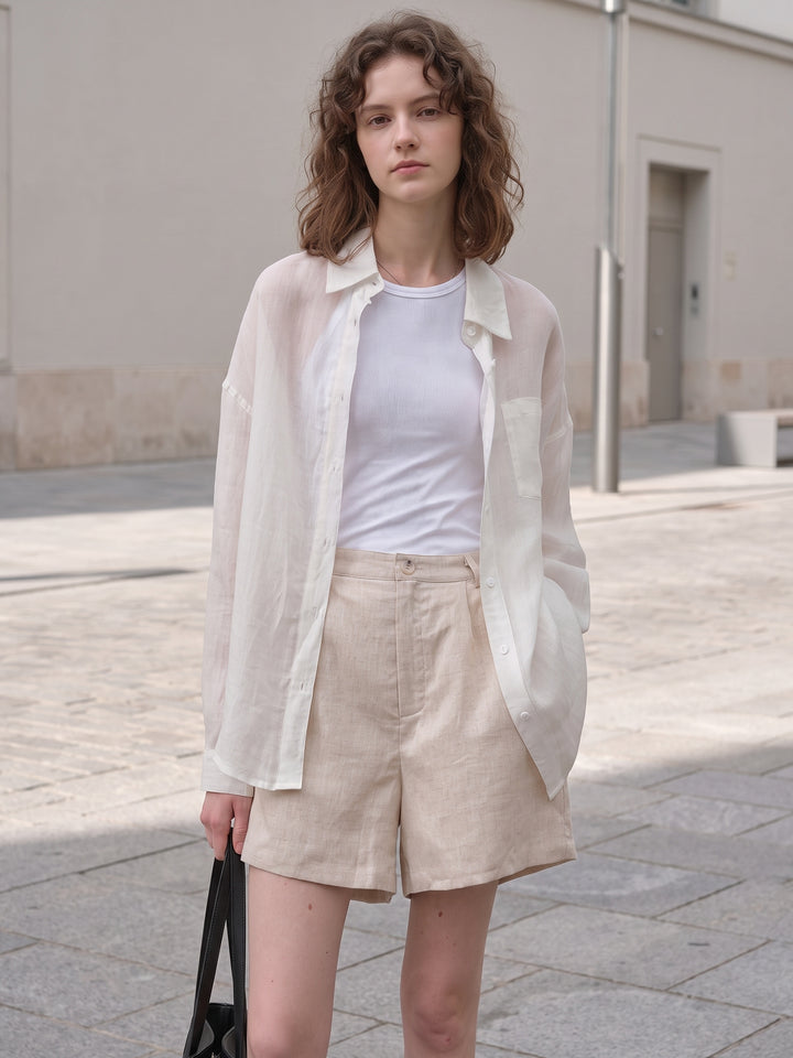 Pure Ramie French Riviera Oversized Shirt — Premium 100-Count Linen-Style Sun-Protection Blouse