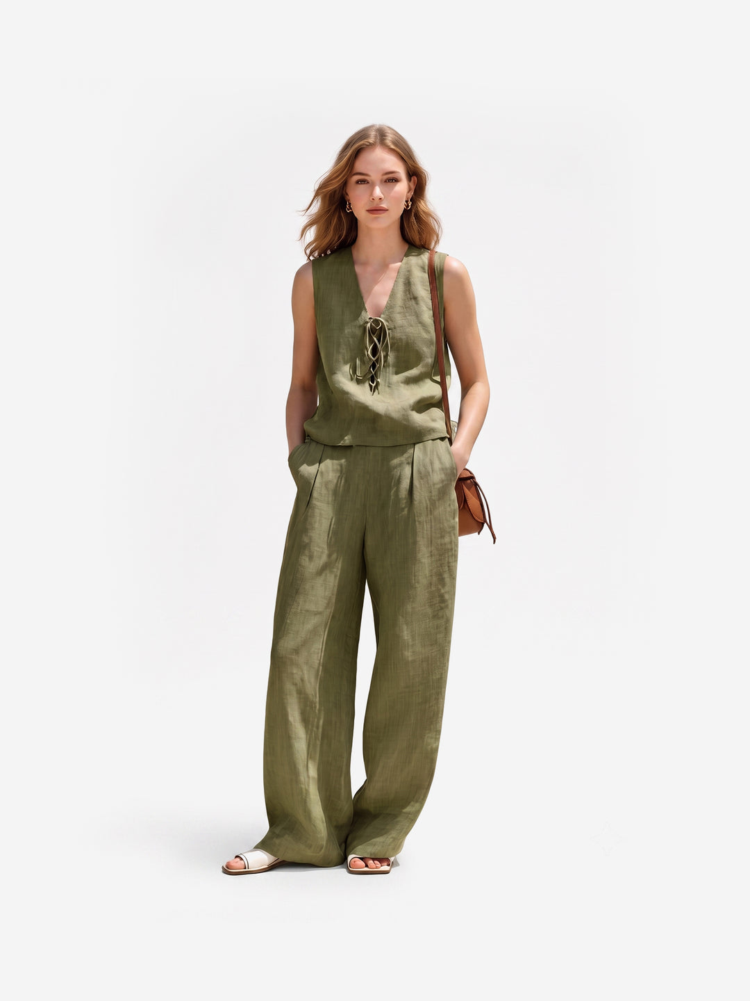 Mühelose Sommerbrise: Das Leinen-Look Hose-mit-Bindegürtel Set