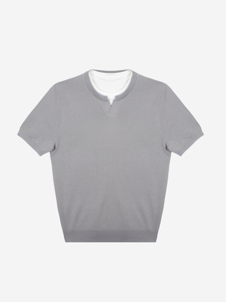 Premium Lyocell Silk Blend Knit T-Shirt Luxury Layered Henley V Neck Summer Knitwear for Men