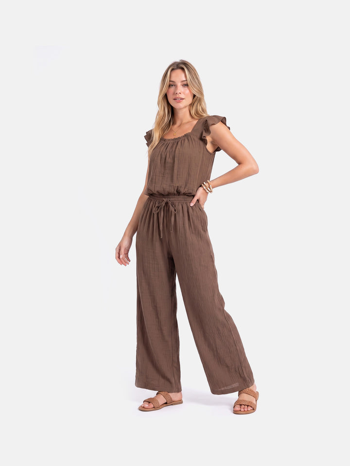 Square Neck Ruffle Jumpsuit Sleeveless Romper with Pockets