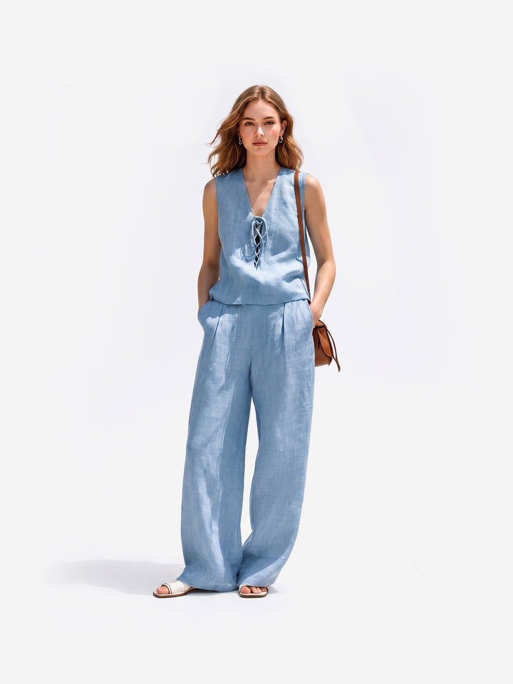 Mühelose Sommerbrise: Das Leinen-Look Hose-mit-Bindegürtel Set