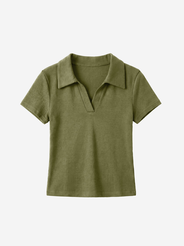 Geripptes, gerafftes, bauchfreies Kurzarm-Top für Damen