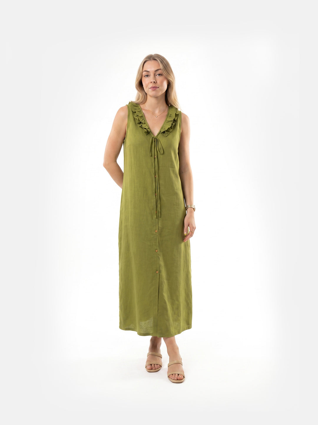 Ruffle-Trim V-Neck Sleeveless Straight Dress