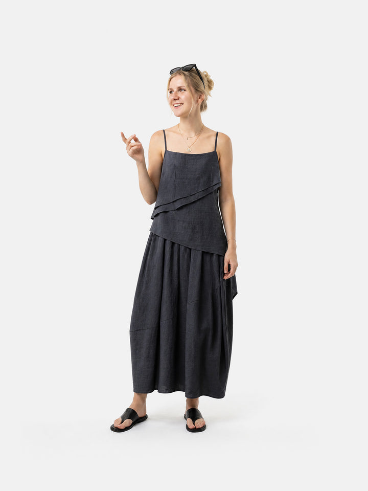 Striped Cotton Linen Balloon Maxi Skirt with Elastic Waist and Oversized Hem