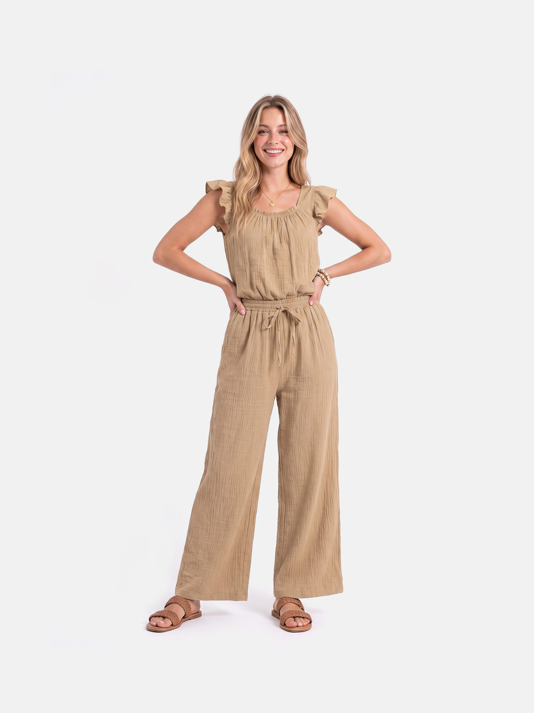 Square Neck Ruffle Jumpsuit Sleeveless Romper with Pockets