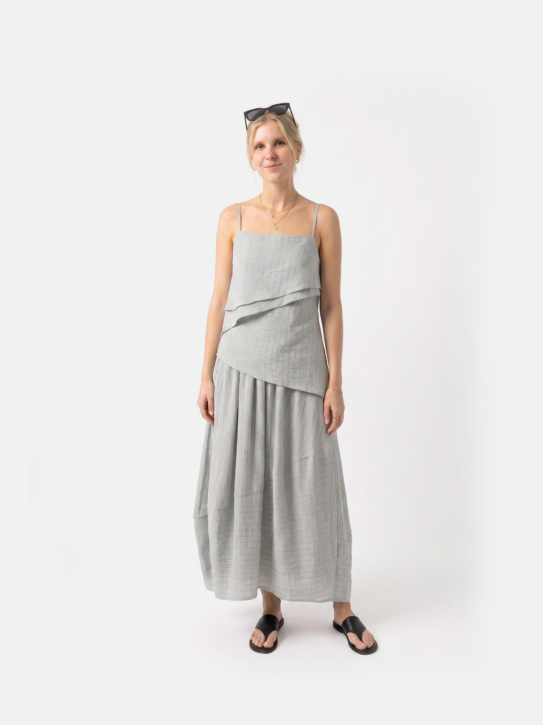 Striped Cotton Linen Balloon Maxi Skirt with Elastic Waist and Oversized Hem