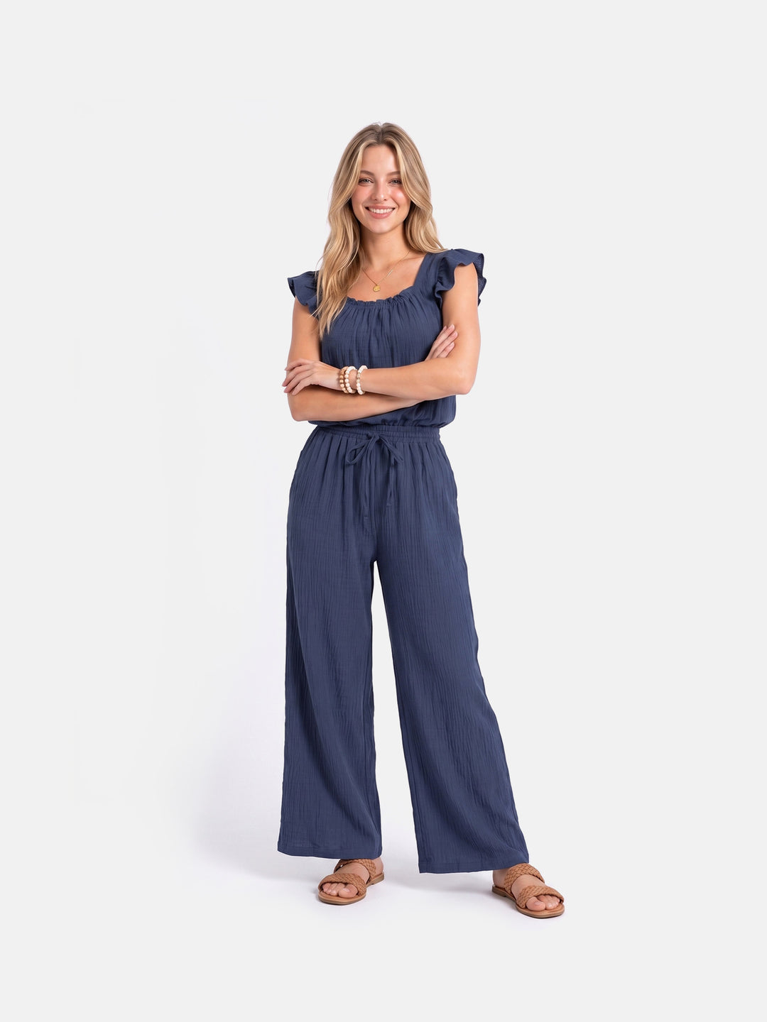 Square Neck Ruffle Jumpsuit Sleeveless Romper with Pockets