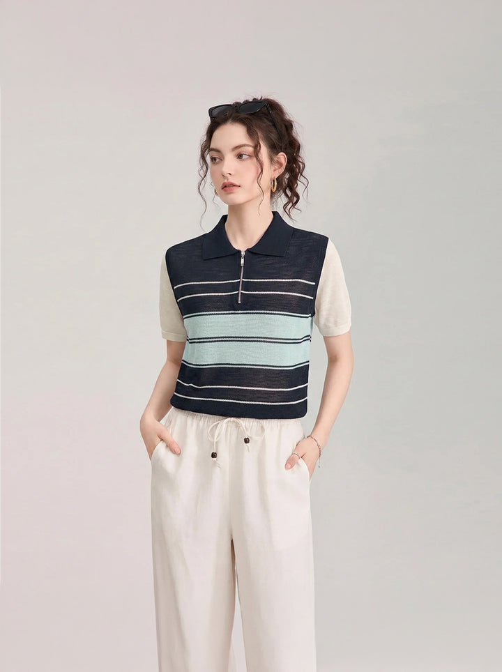 Striped Half-Zip Polo Sweater - 16GG Ultra-Fine Tencel Linen Knit