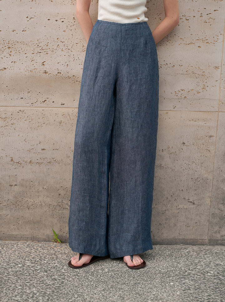 Pantalon Large Femme 100 % Lin Pur Jambe Large Taille Haute Coupe Ample Printemps Lounge