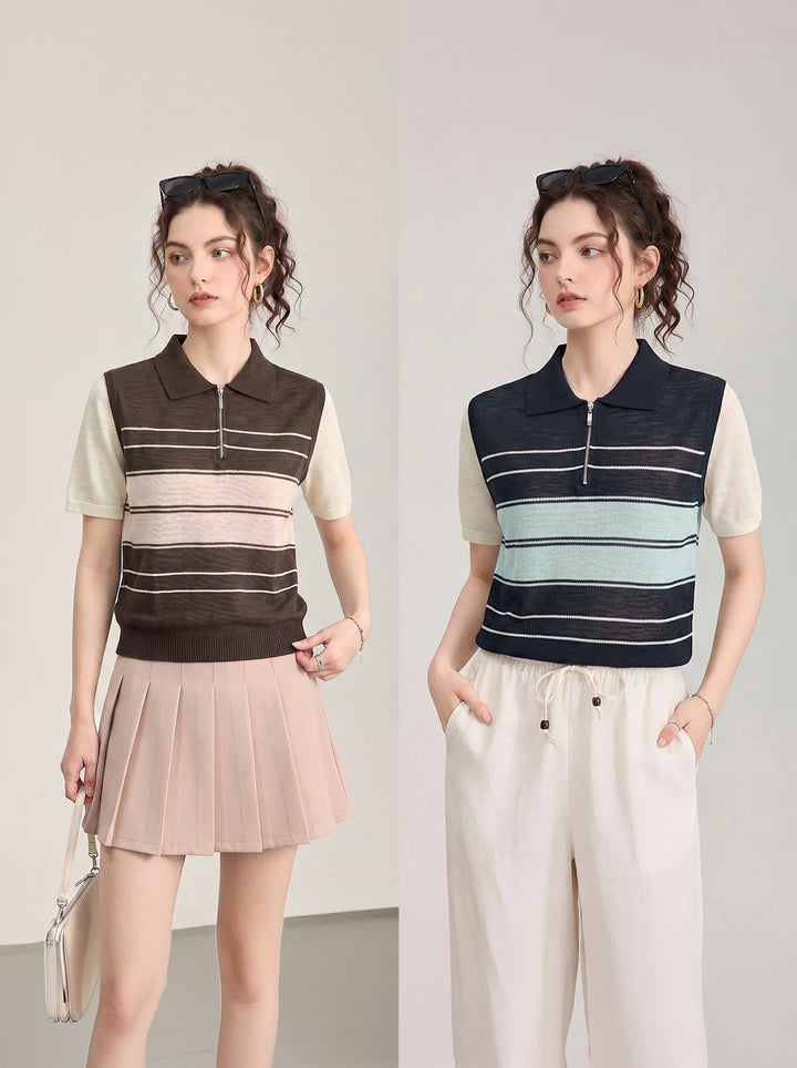Striped Half-Zip Polo Sweater - 16GG Ultra-Fine Tencel Linen Knit