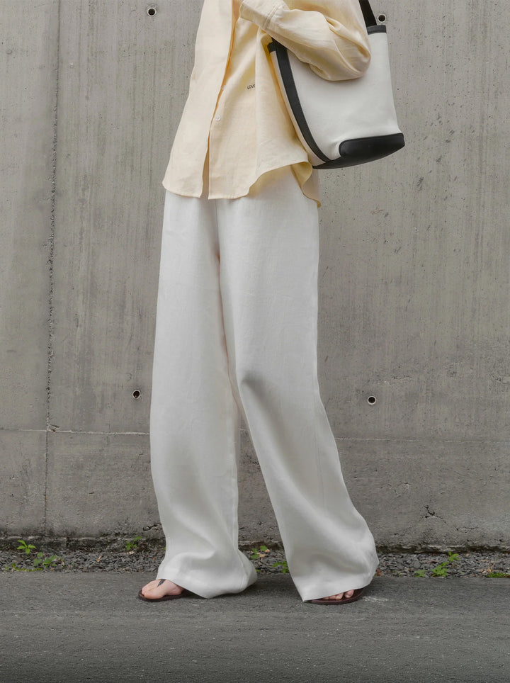 Pantalon Large Femme 100 % Lin Pur Jambe Large Taille Haute Coupe Ample Printemps Lounge