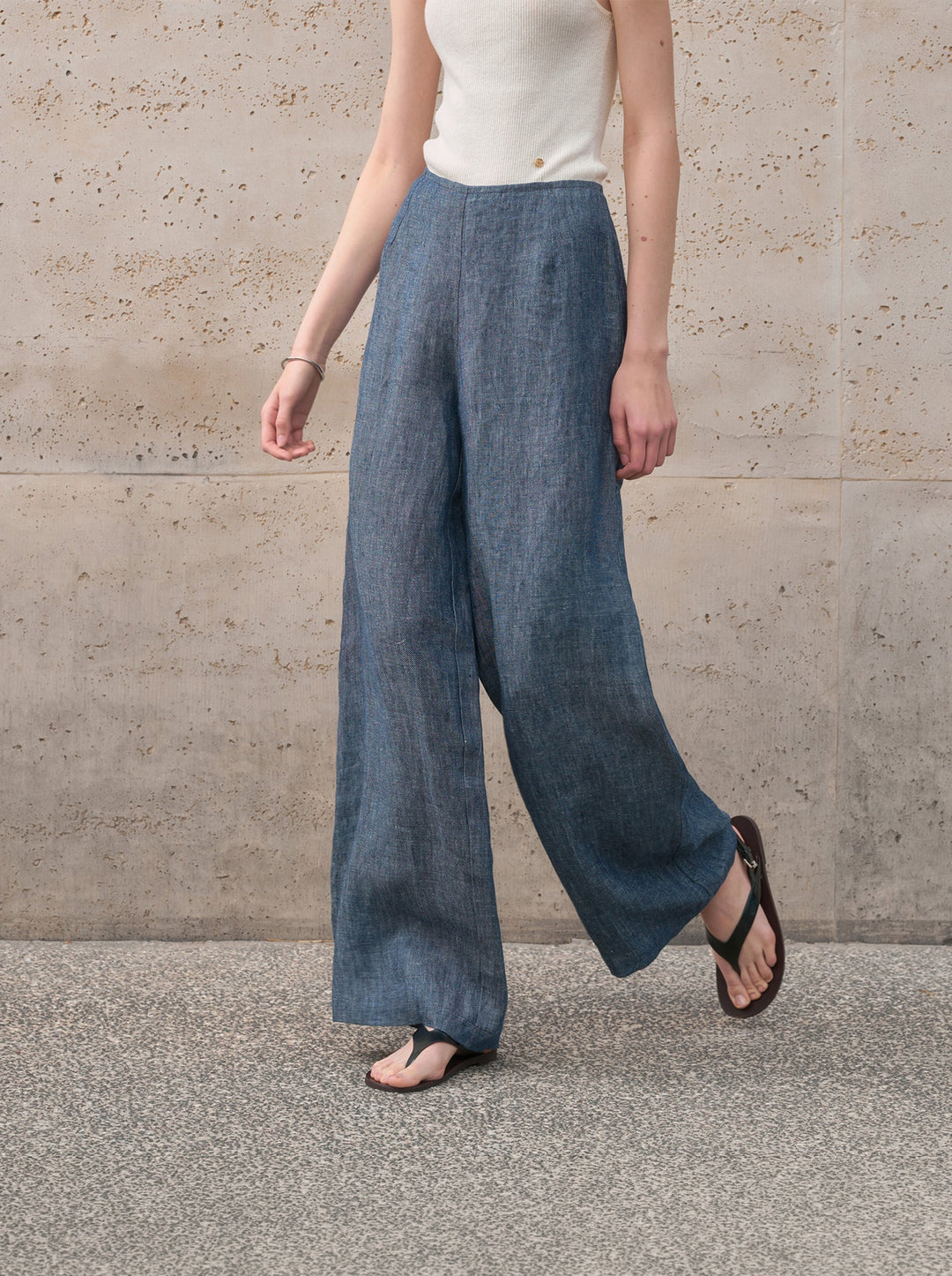 Pantalon Large Femme 100 % Lin Pur Jambe Large Taille Haute Coupe Ample Printemps Lounge