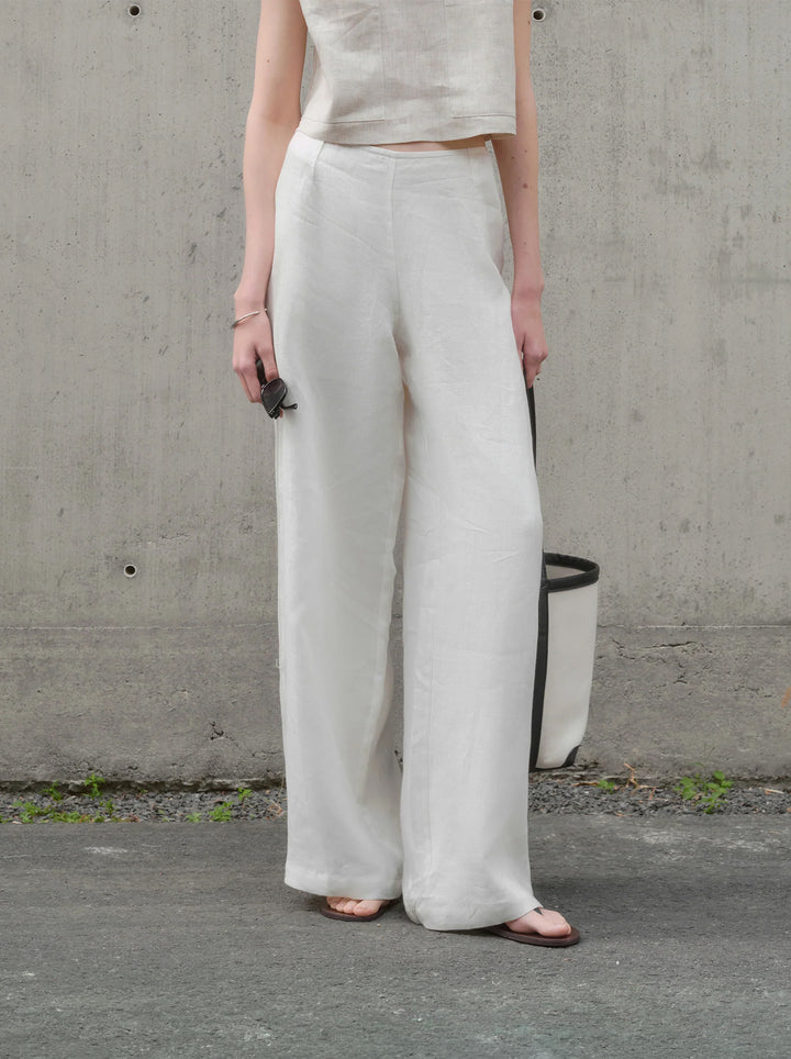 Pantalon Large Femme 100 % Lin Pur Jambe Large Taille Haute Coupe Ample Printemps Lounge
