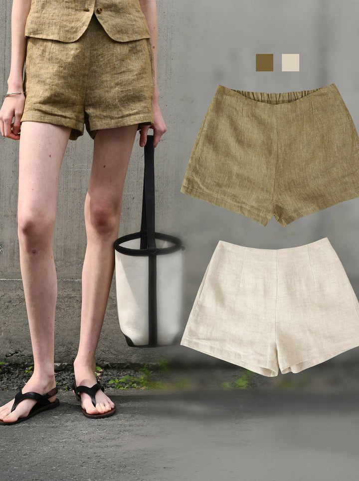 Damen High Waist Shorts aus reiner Leinen, garngefärbt, Old Money Stil, lässige Sommerhose, Nischendesign, gerades Bein