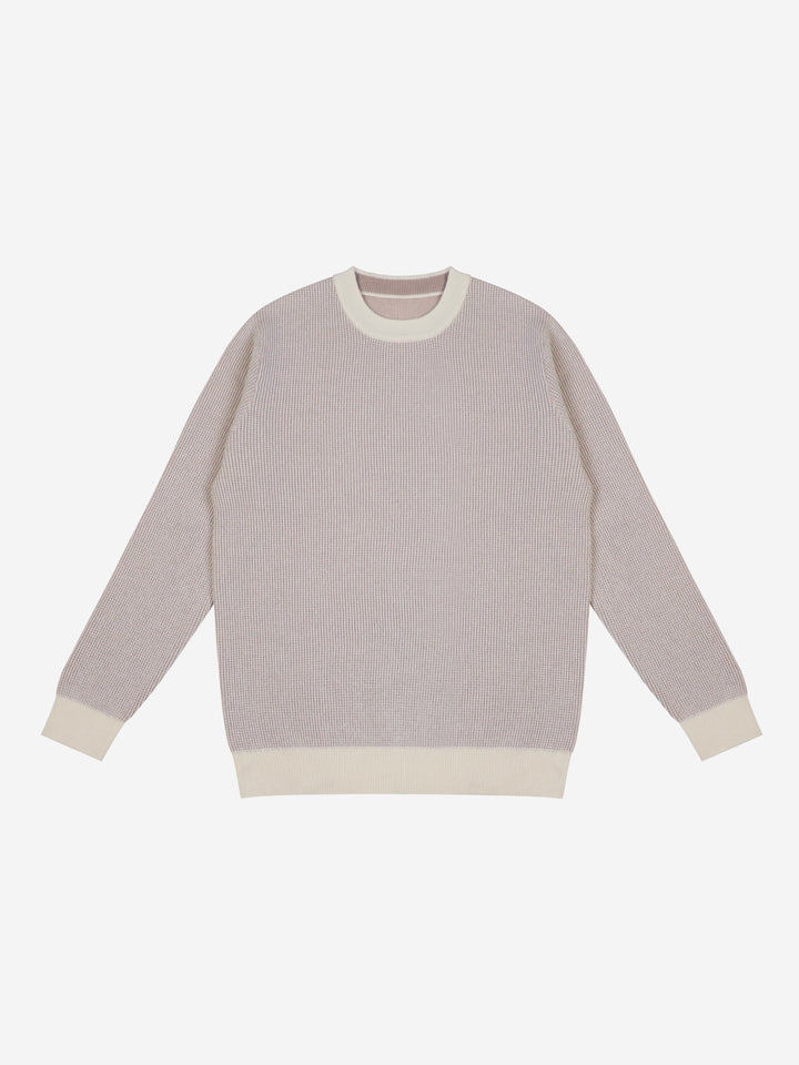 Men Premium Wool Cashmere Blend Waffle Knit Crewneck Sweater Luxury Two Tone Pullover