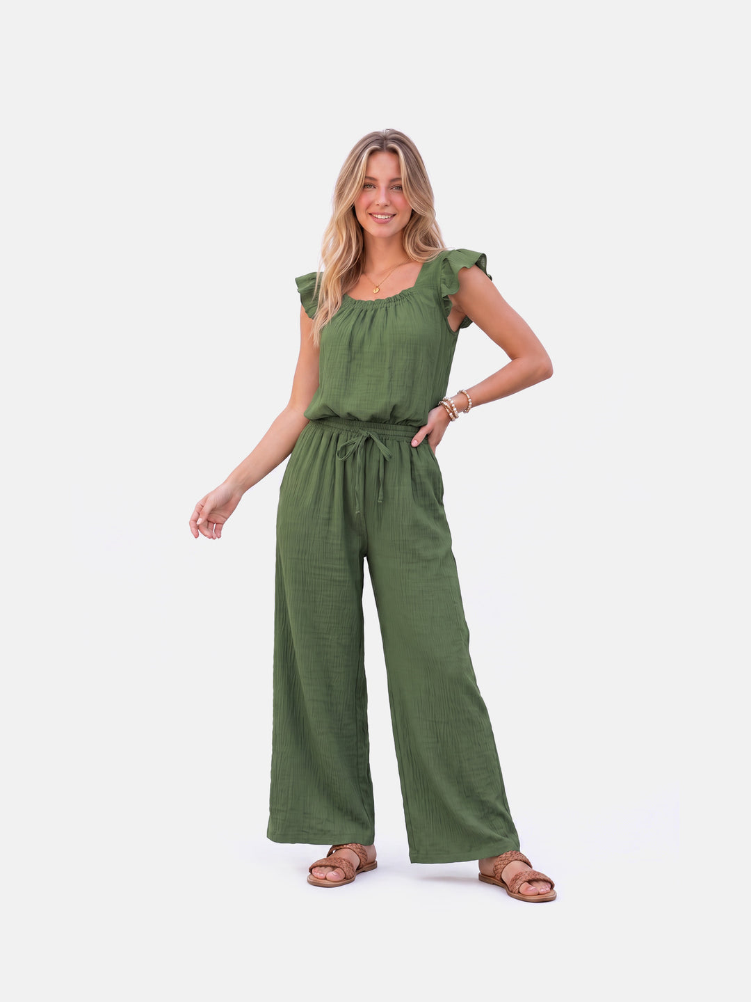 Square Neck Ruffle Jumpsuit Sleeveless Romper with Pockets