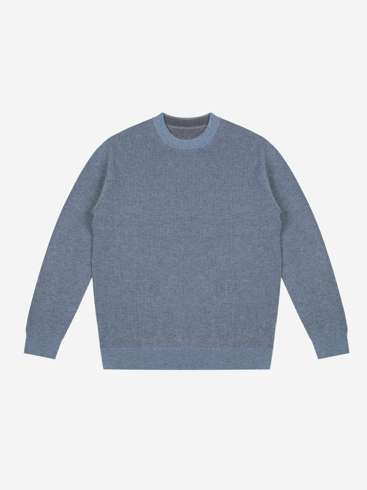 Men Premium Wool Cashmere Blend Waffle Knit Crewneck Sweater Luxury Two Tone Pullover