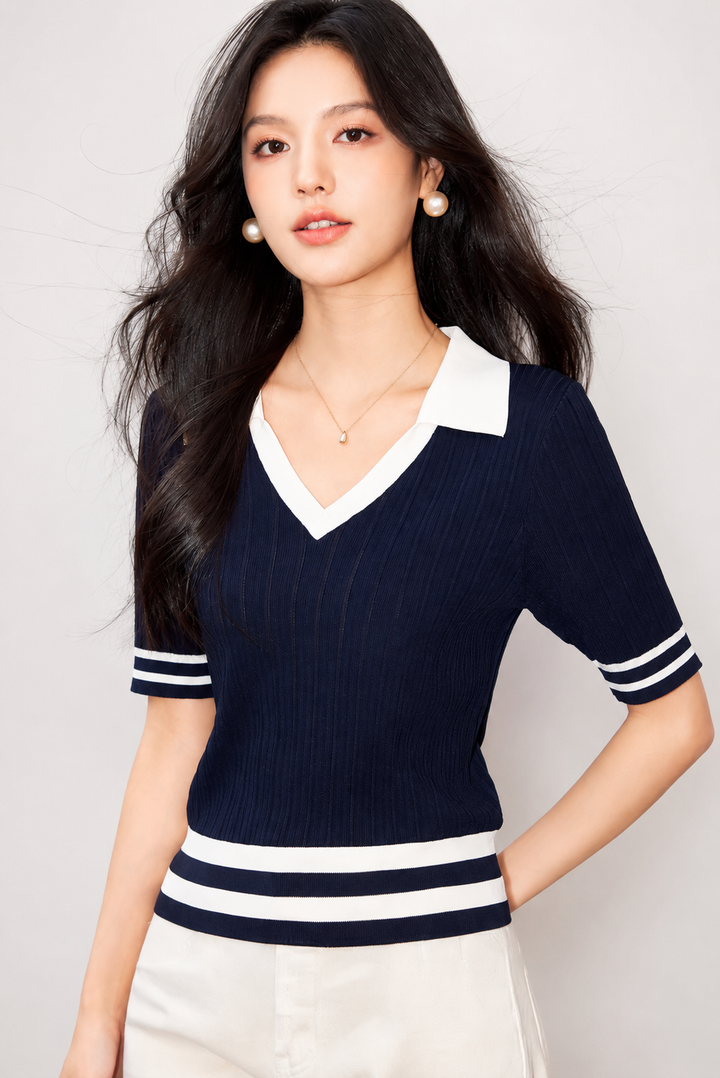 Haut de polo en maille rayé à manches courtes pour femme