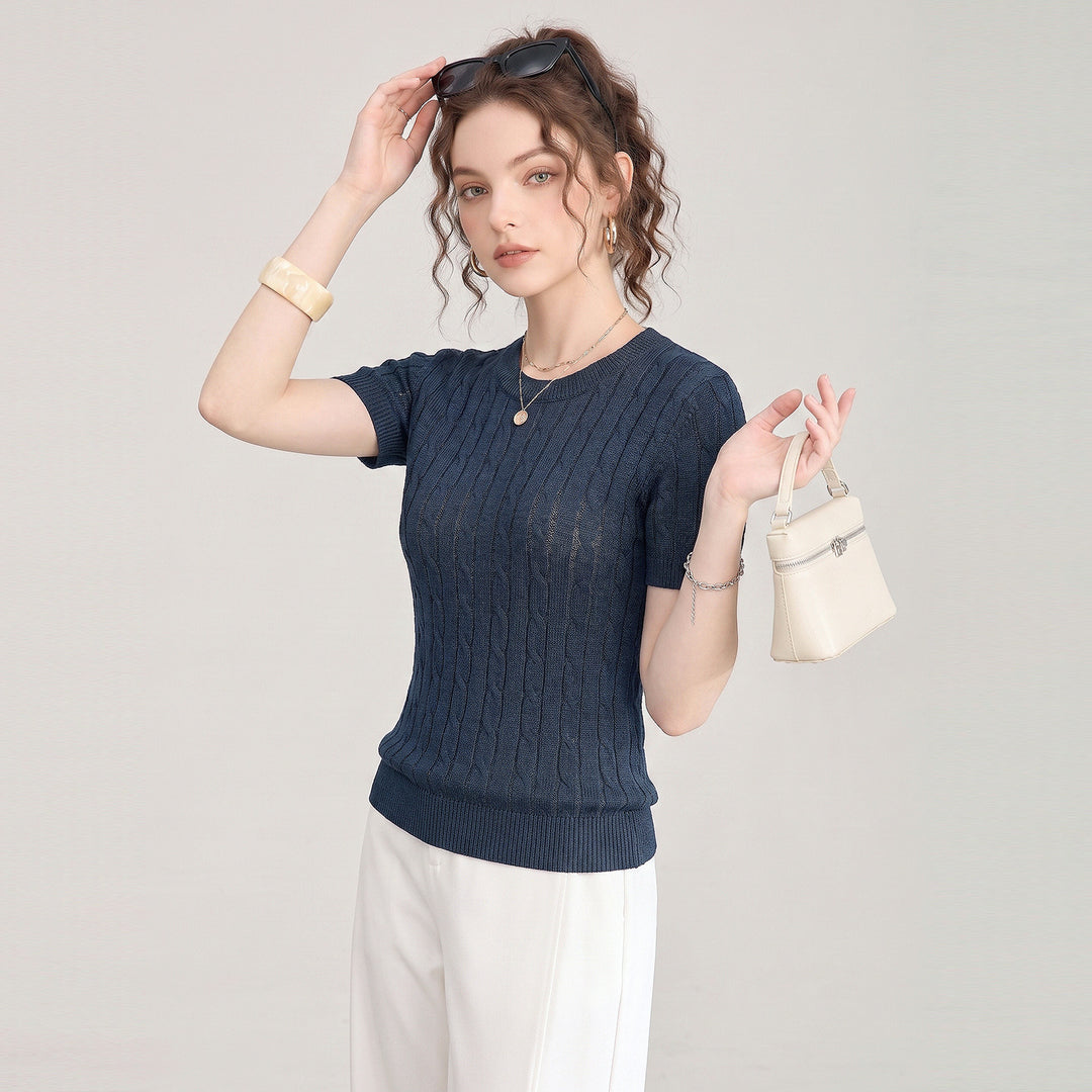 Damen Premium Tencel Baumwollmischung Zopfmuster Kurzarm-Oberteil