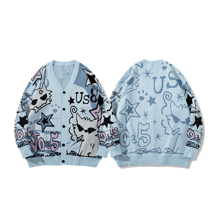 Long Sleeve American Cartoon Jacquard Cardigan Oversized Couple Sweater