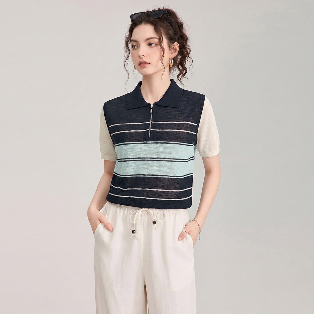 Striped Half-Zip Polo Sweater - 16GG Ultra-Fine Tencel Linen Knit