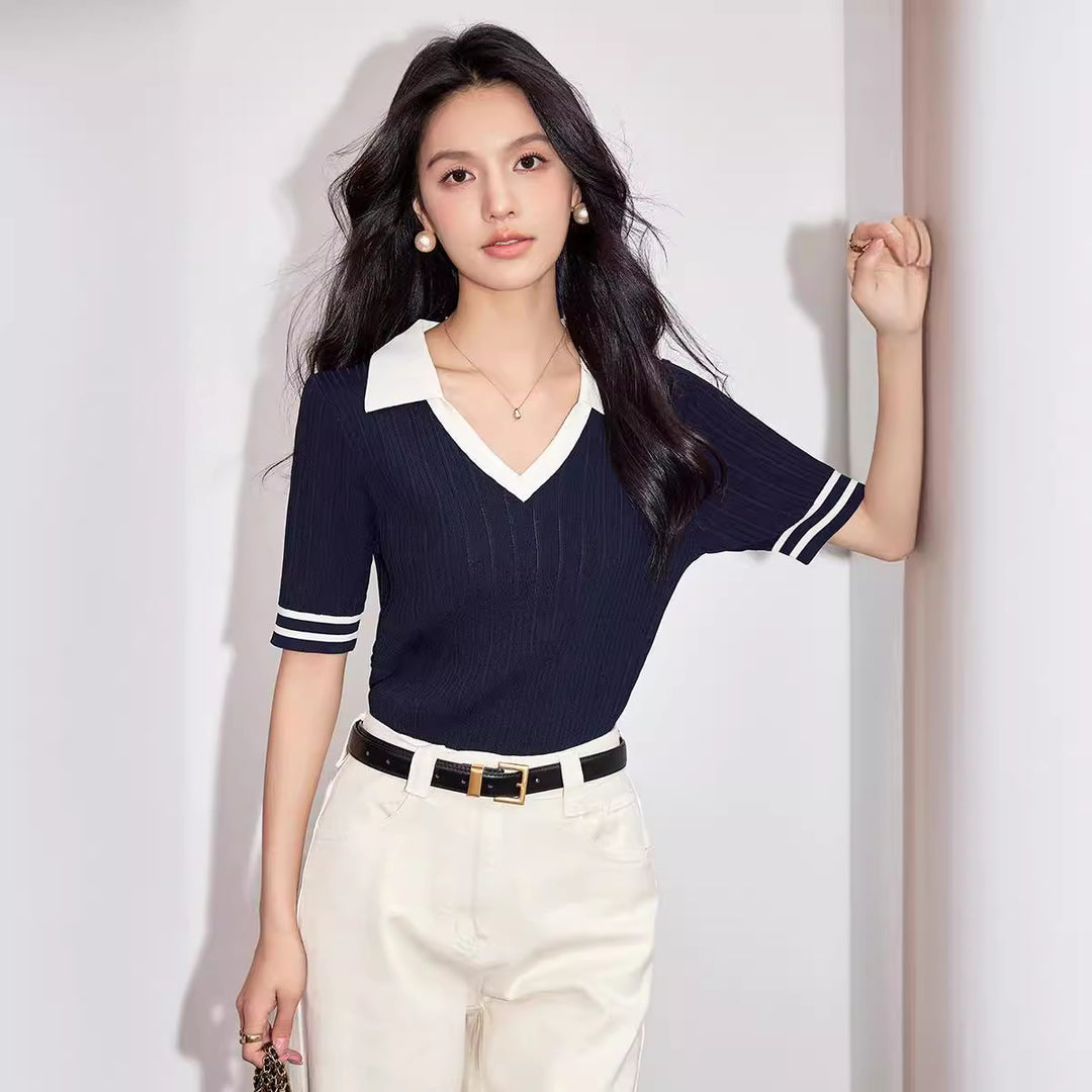 Women’s Striped Short-Sleeve Knit Polo Top