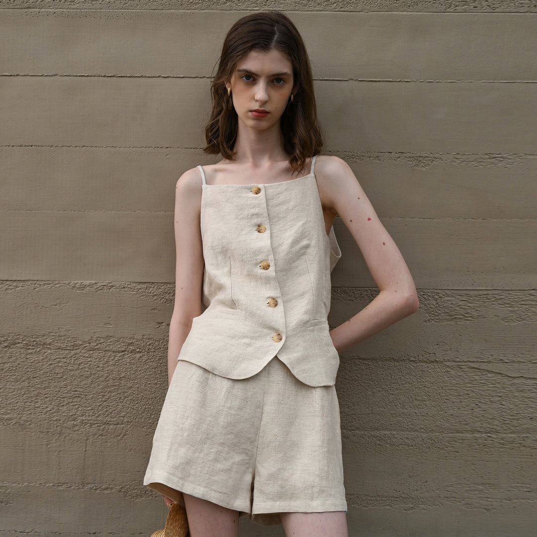 Women High Waist Pure Linen Shorts Yarn Dyed Old Money Summer Casual Trousers Niche Design Straight Leg Pants