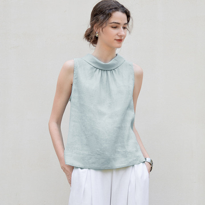 Minimalist Linen Stand Collar Sleeveless Blouse for Women Loose Fit