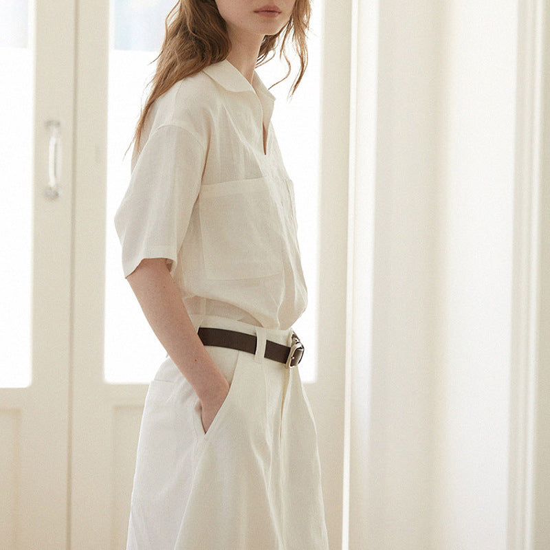Old Money Pure Linen V Neck Short Sleeve Blouse for Women Minimalist Fit