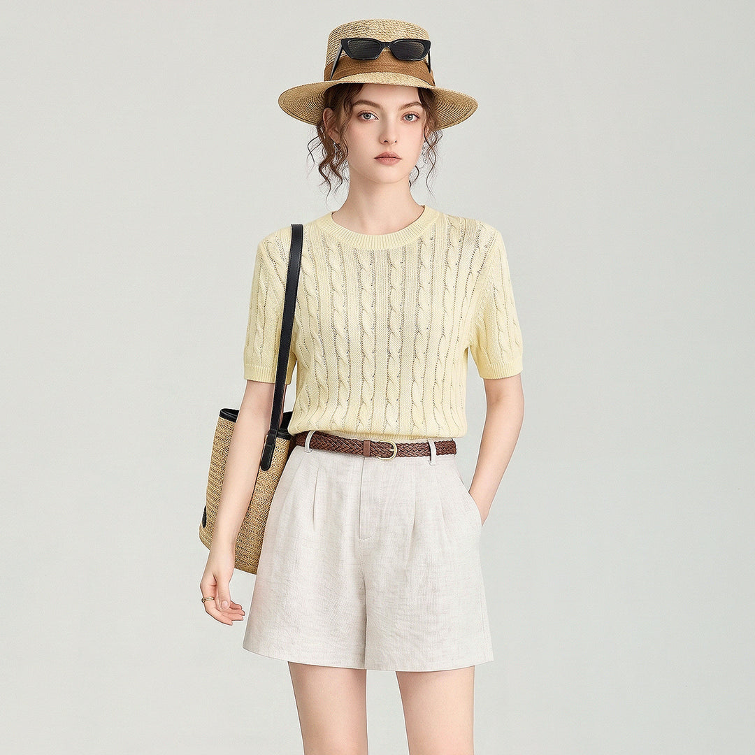 Damen Premium Tencel Baumwollmischung Zopfmuster Kurzarm-Oberteil