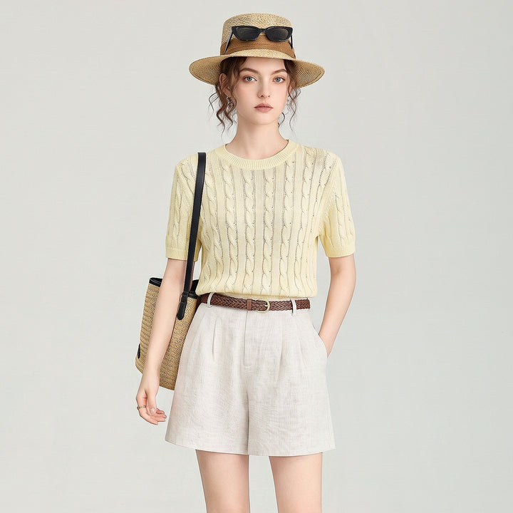Damen Premium Tencel Baumwollmischung Zopfmuster Kurzarm-Oberteil