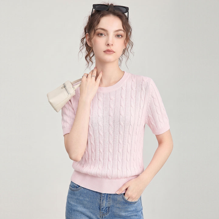 Damen Premium Tencel Baumwollmischung Zopfmuster Kurzarm-Oberteil