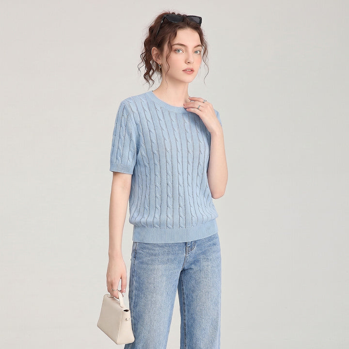 Damen Premium Tencel Baumwollmischung Zopfmuster Kurzarm-Oberteil