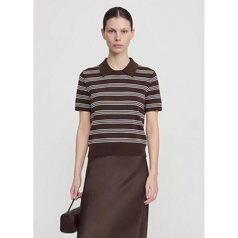 Striped Knit Polo Top with Contrast Collar