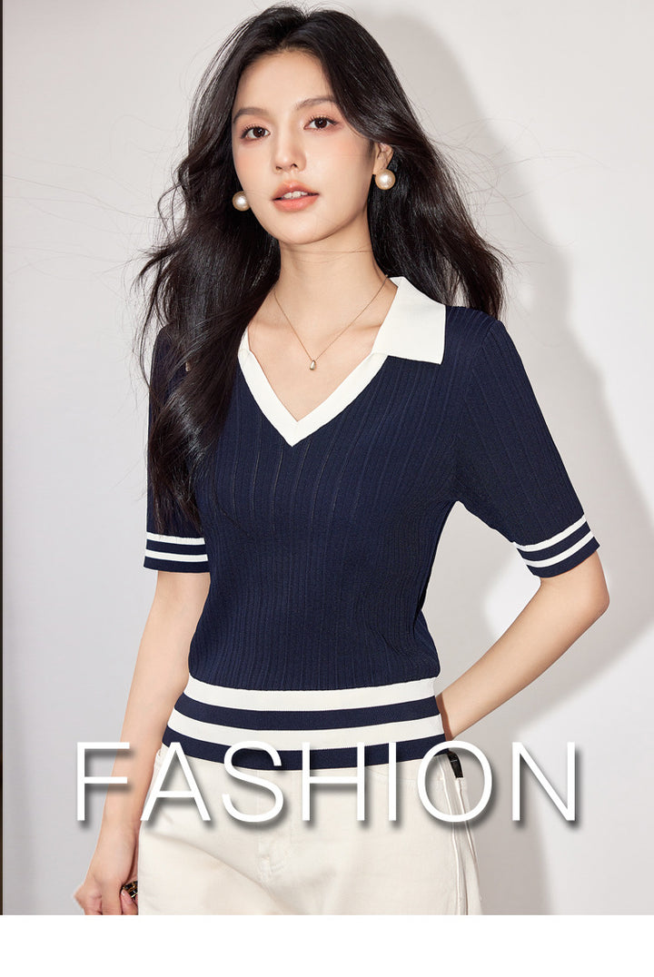 Women’s Striped Short-Sleeve Knit Polo Top