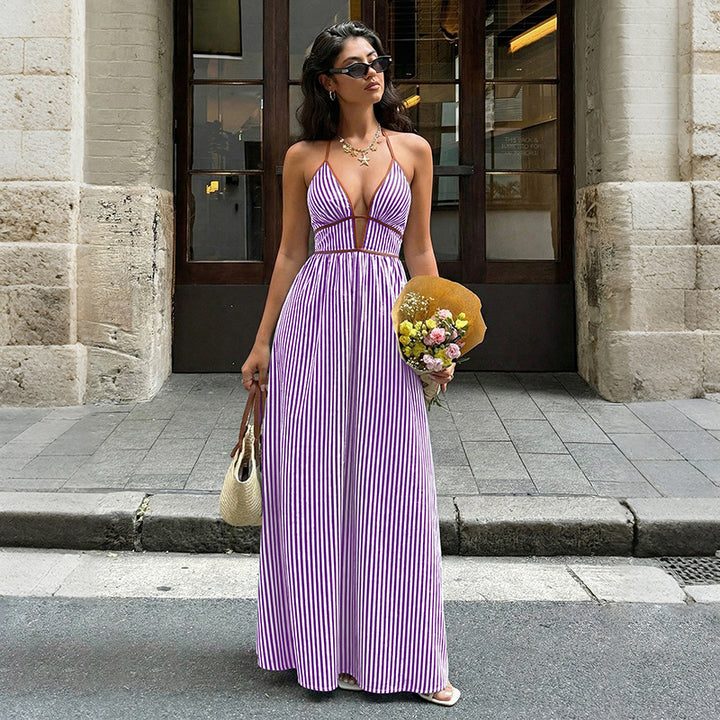 Sexy Striped Deep V-Neck Halter Maxi Dress - Backless Vacation Sundress