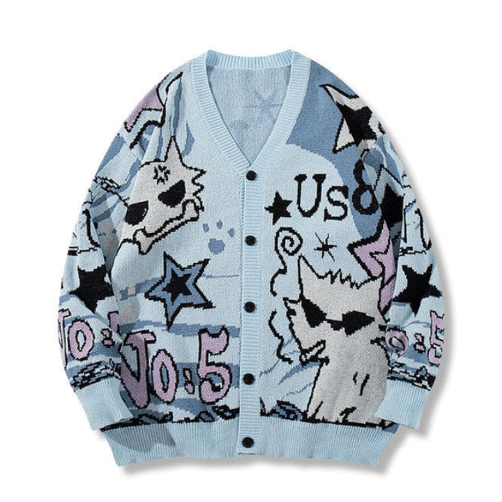 Long Sleeve American Cartoon Jacquard Cardigan Oversized Couple Sweater
