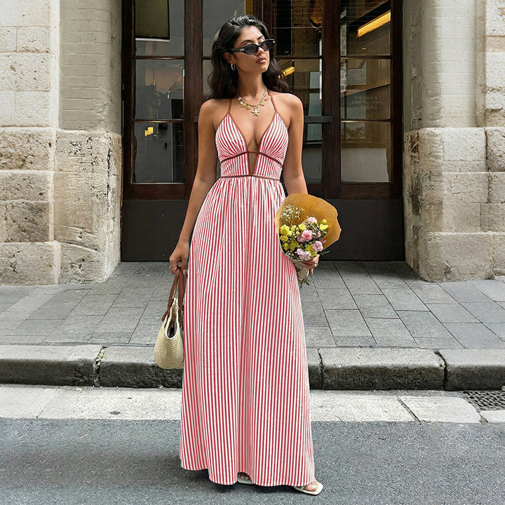 Sexy Striped Deep V-Neck Halter Maxi Dress - Backless Vacation Sundress