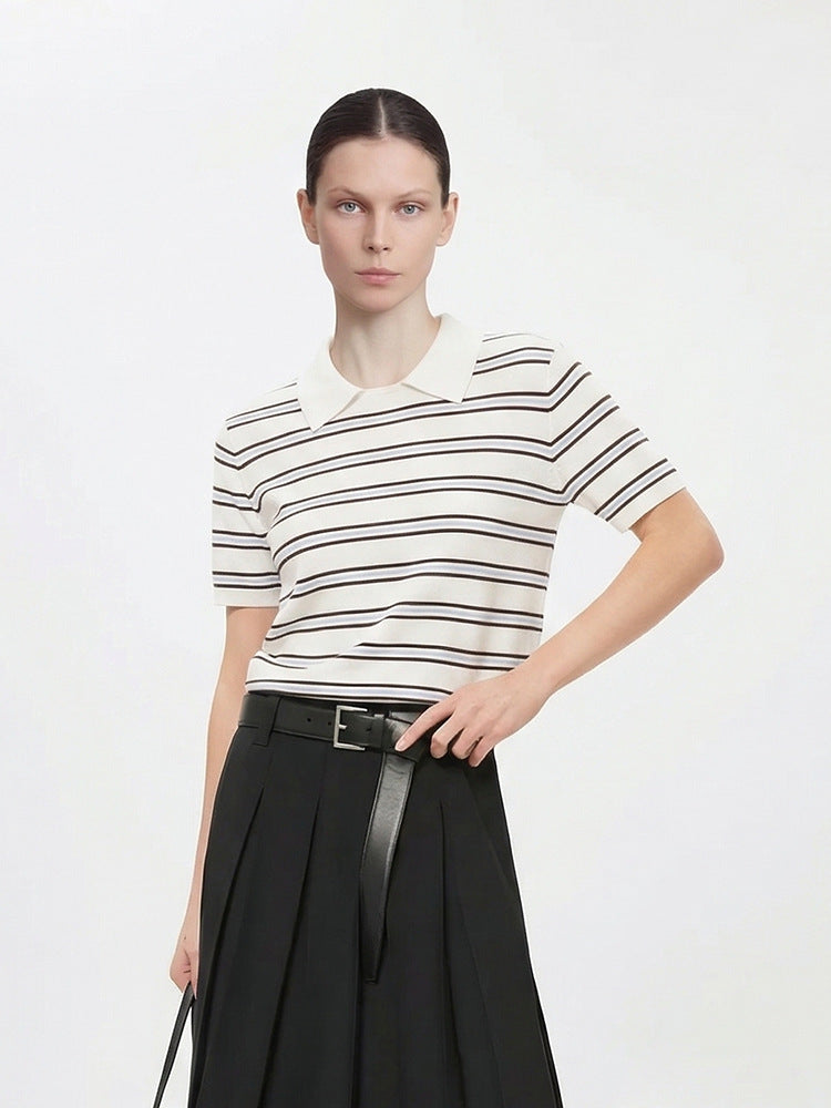 Striped Knit Polo Top with Contrast Collar