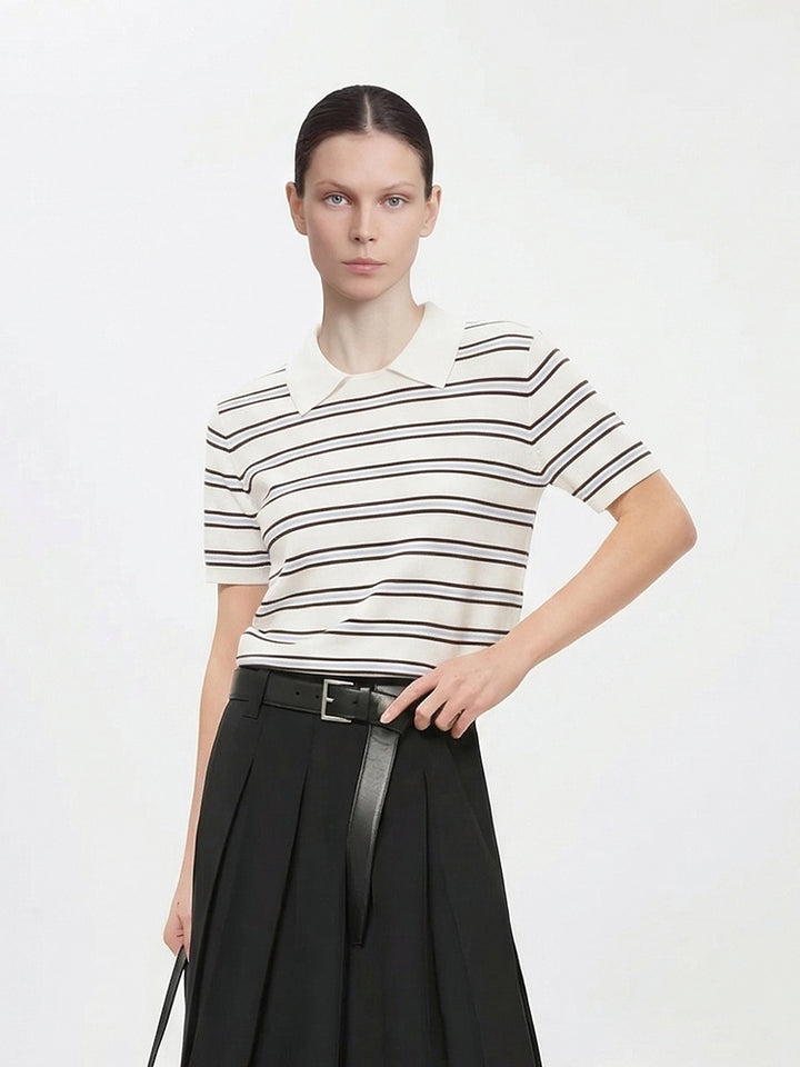 Striped Knit Polo Top with Contrast Collar