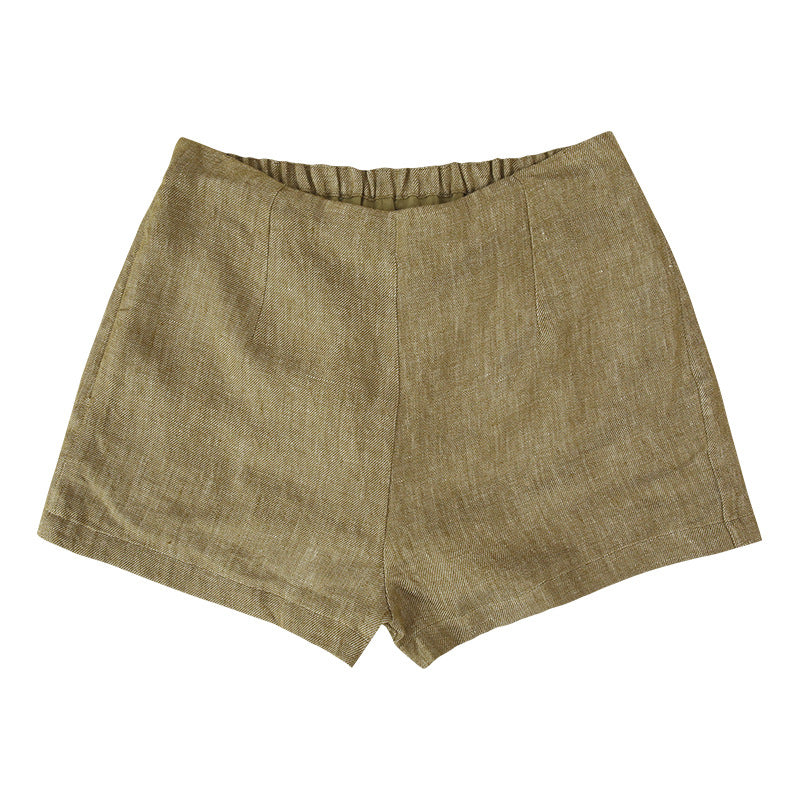 Women High Waist Pure Linen Shorts Yarn Dyed Old Money Summer Casual Trousers Niche Design Straight Leg Pants