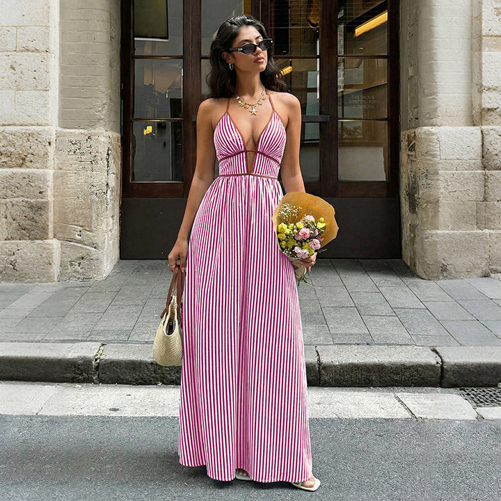 Sexy Striped Deep V-Neck Halter Maxi Dress - Backless Vacation Sundress