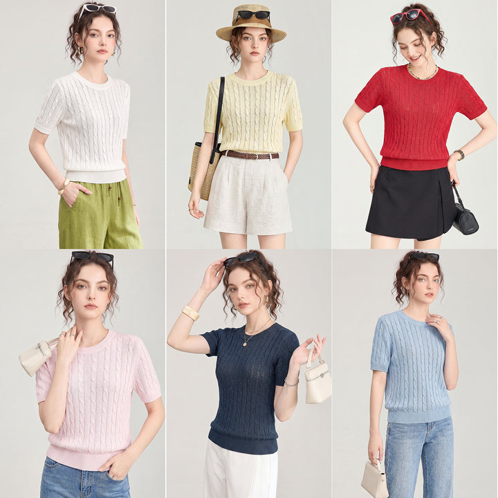 Damen Premium Tencel Baumwollmischung Zopfmuster Kurzarm-Oberteil